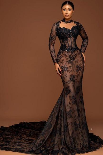 Brown Mermaid Crew Black Prom Dress Lace Beaded Sleeve Court Train Formal Dress