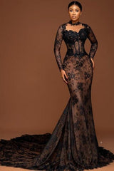 Brown Mermaid Crew Black Prom Dress Lace Beaded Sleeve Court Train Formal Dress