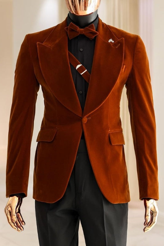 Brown Peaked Lapel 2 Piece Velvet Prom Suit Suzhoufashion