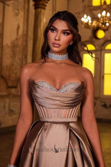 Brown Prom Dress Sweetheart Sleeveless Satin Slit Formal Dress With Rhinestones
