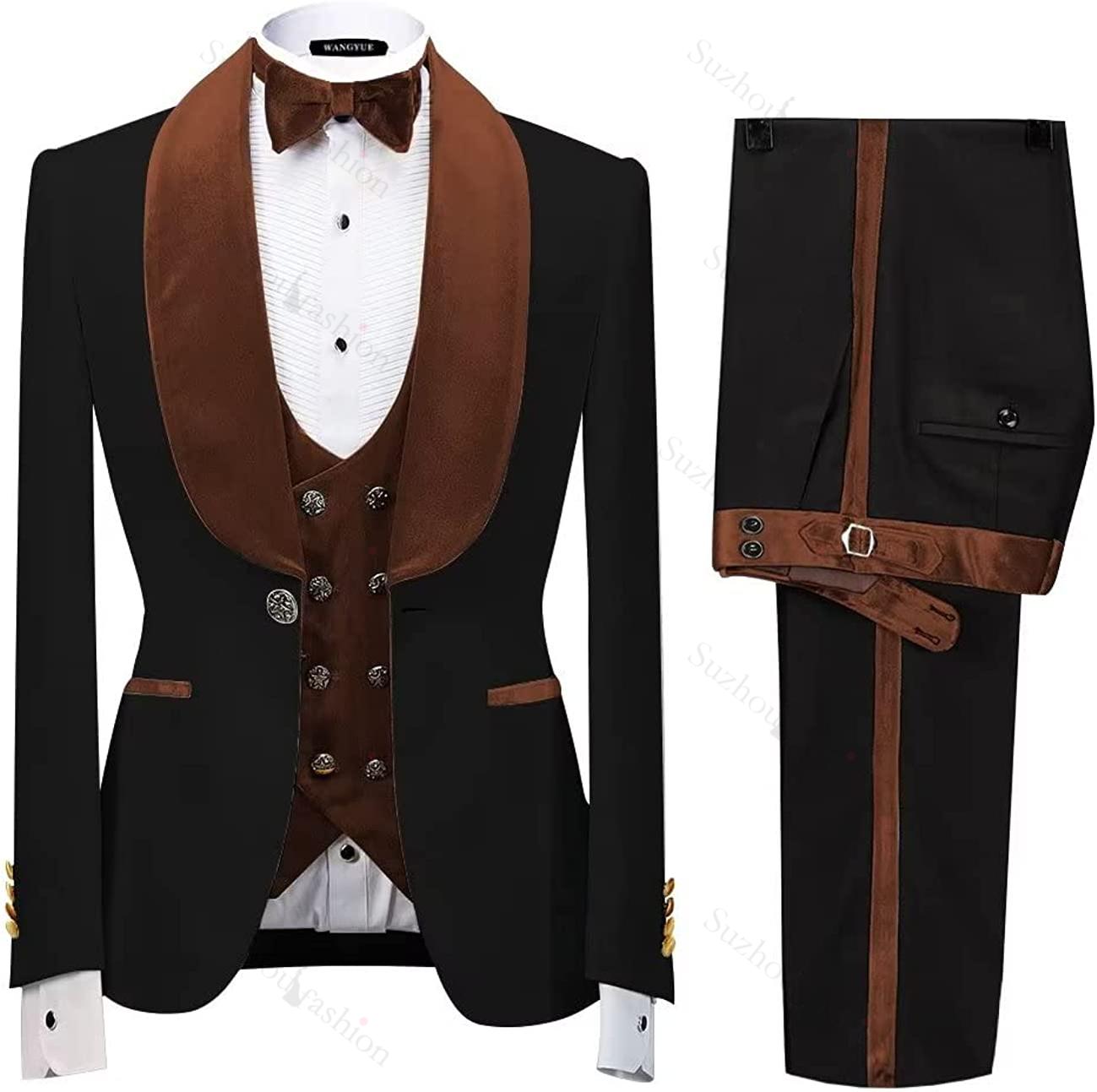 Brown Three Piece Shawl Lapel Velvet Wedding Suit
