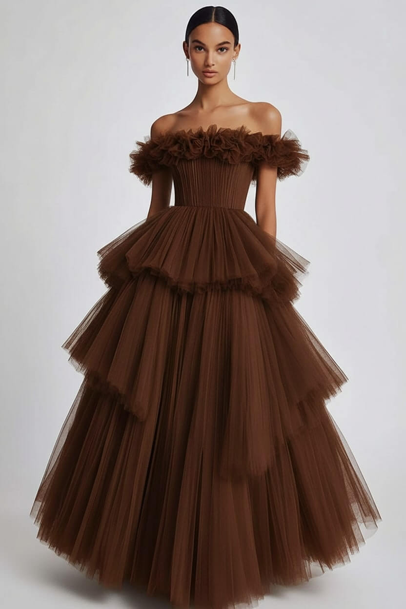 Dusty Sage Prom Dress Tulle Off The Shoulder Ball Gown Formal Dress With Ruffles