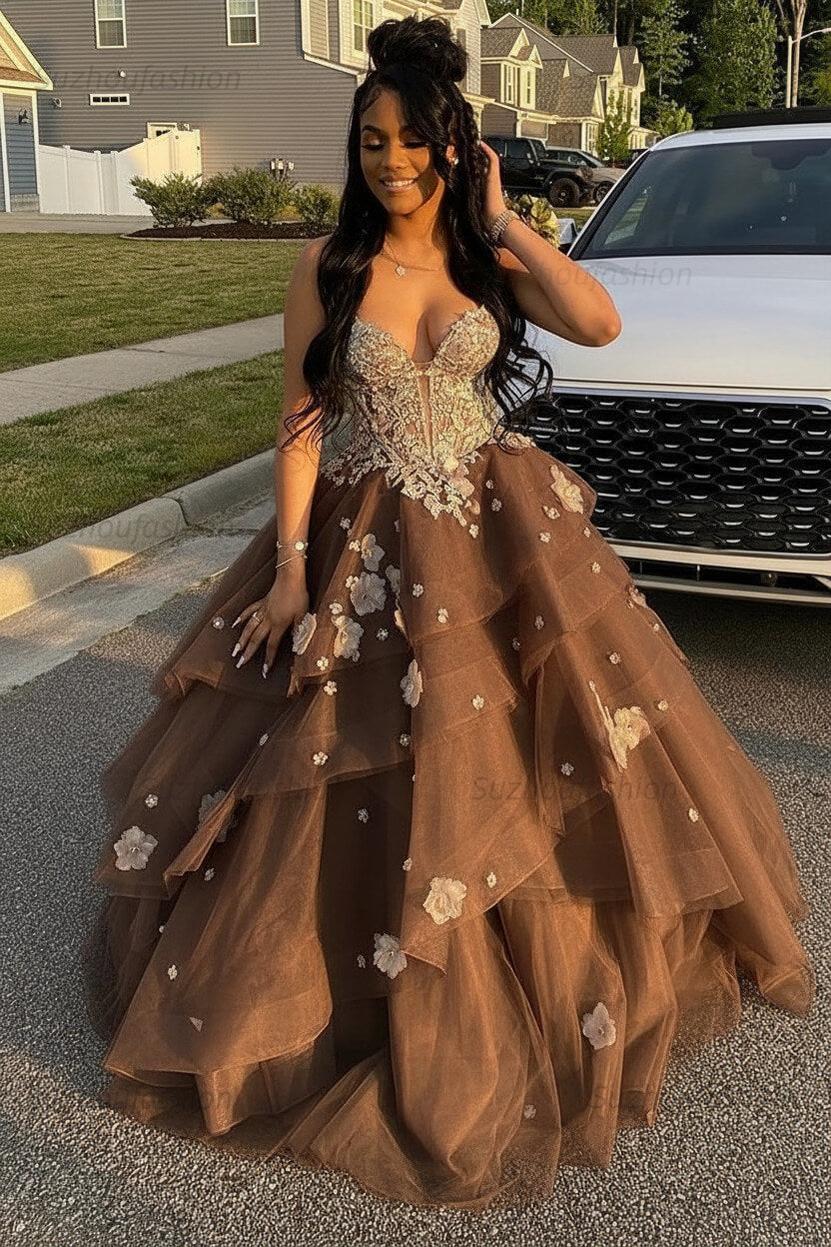 Suzhoufashion Women Sage Prom Dress Floral Tiered Ruffles A-Line