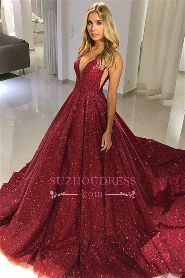 Burgundy A-Line Sequins Evening Gown | Sexy V-Neck Sleeveless Prom Dresses