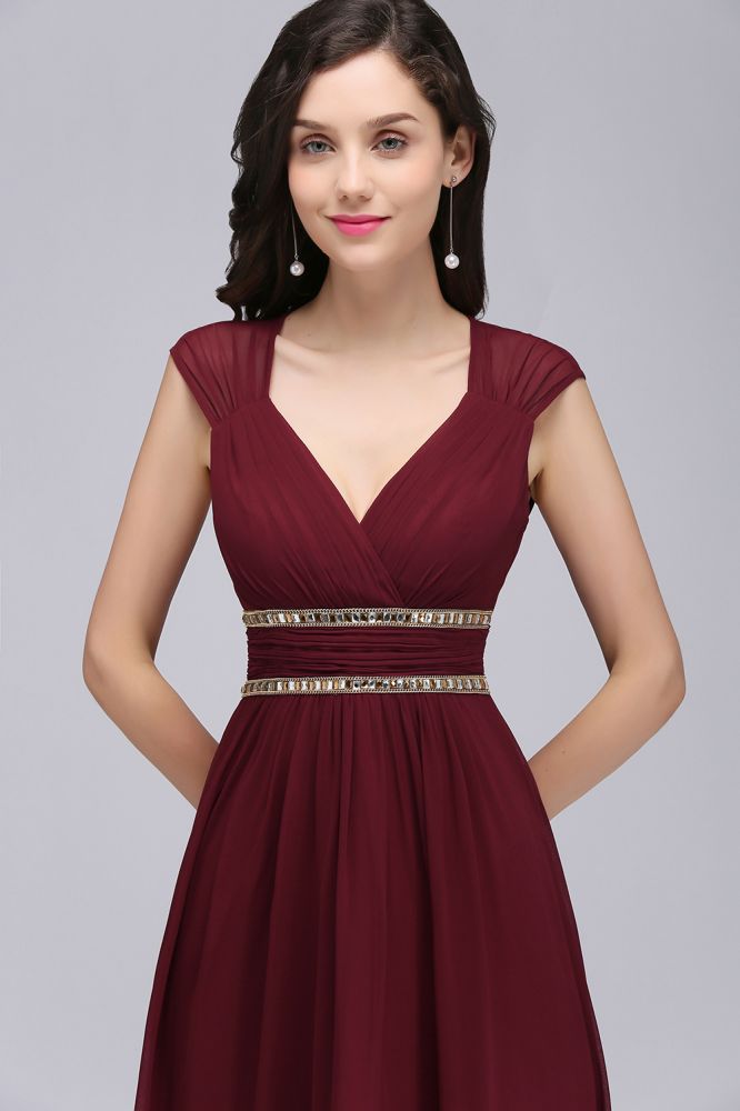 Burgundy Chiffon Sheath V Neck Long Formal Dresses