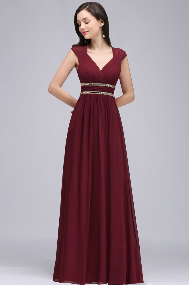 Burgundy Chiffon Sheath V Neck Long Formal Dresses
