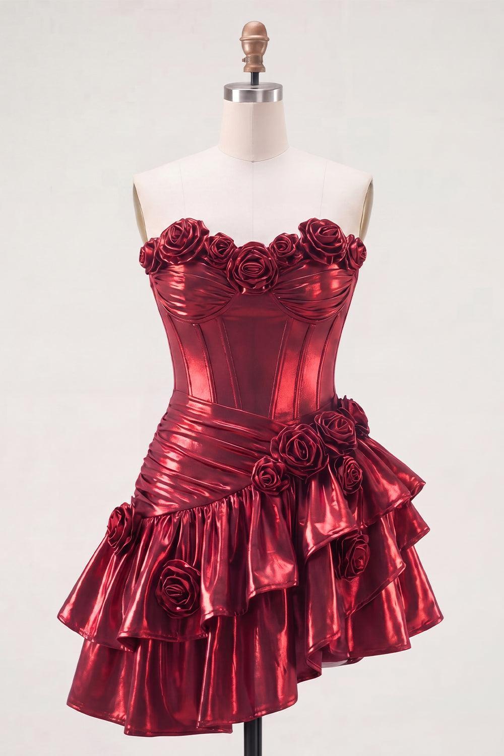 Burgundy Glitter Metallic A-Line Corset Short Homecoming Dress with Ruffles & 3D Flowers