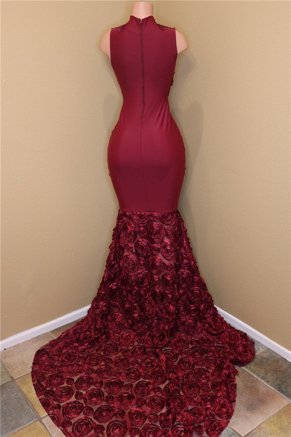 Burgundy Lace Prom Dresses with Roses Bottom | Sexy Sheath Sleeveless BA8119