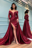 Burgundy Long Sleeves Mermaid Prom Dress Slit Off-the-Shoulder