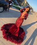 Burgundy Long Sleeves Prom Dress Mermaid Sequins With Feather Bottom