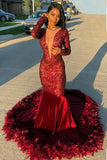 Burgundy Long Sleeves Prom Dress Mermaid Sequins With Feather Bottom