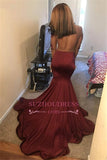 Burgundy Long-Sleeves Prom Dresses Appliques Open-Back Mermaid Evening Gowns
