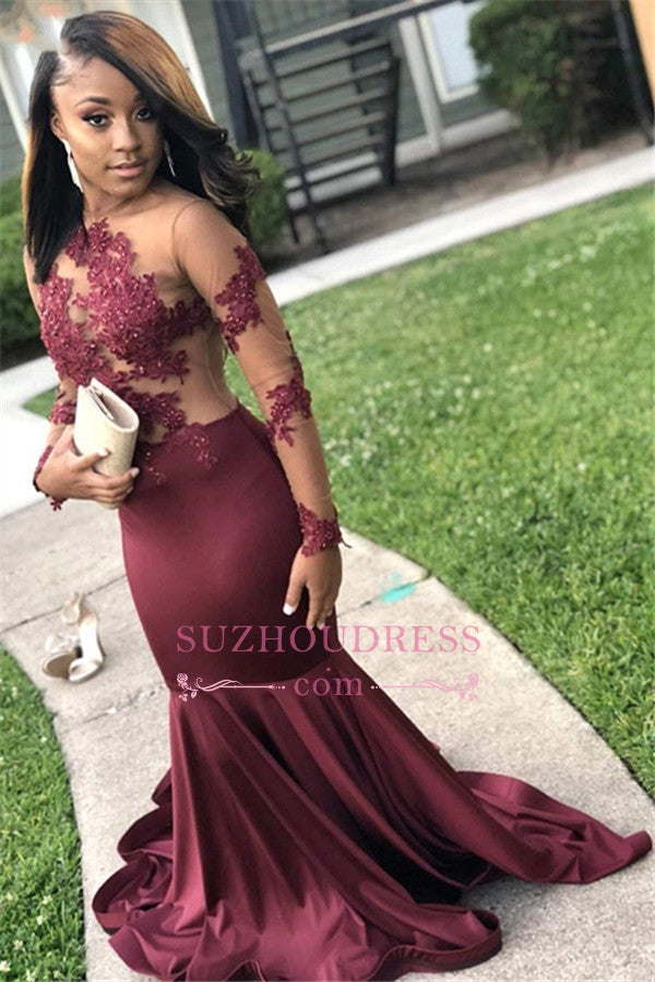 Burgundy Long-Sleeves Prom Dresses Appliques Open-Back Mermaid Evening Gowns