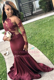 Burgundy Long-Sleeves Prom Dresses Appliques Open-Back Mermaid Evening Gowns