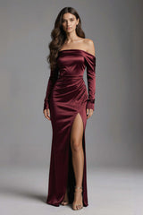 Suzhoufashion Burgundy Mermaid Off The Shoulder Long Satin Evening Dress With Slit