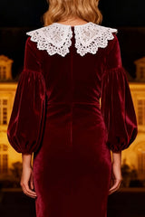 Suzhoufashion Burgundy Mermaid Peter Pan Collar Long Velvet Holiday Party Dress