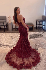 Burgundy One Shoulder Prom Dress Mermaid Sequined Formal Evening Dress with 3D Flowers