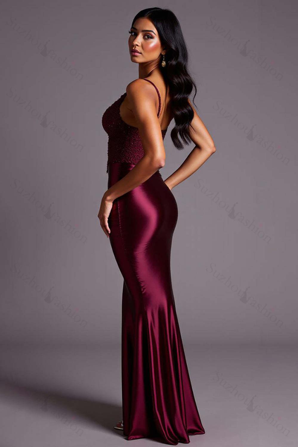 Suzhoufashion Burgundy Prom Dress Mermaid Satin Spaghetti Straps Long Formal Dress With Lace Suzhoufashion Burgundy Prom Dress Mermaid Satin Spaghetti Straps Long Formal Dress With Lace