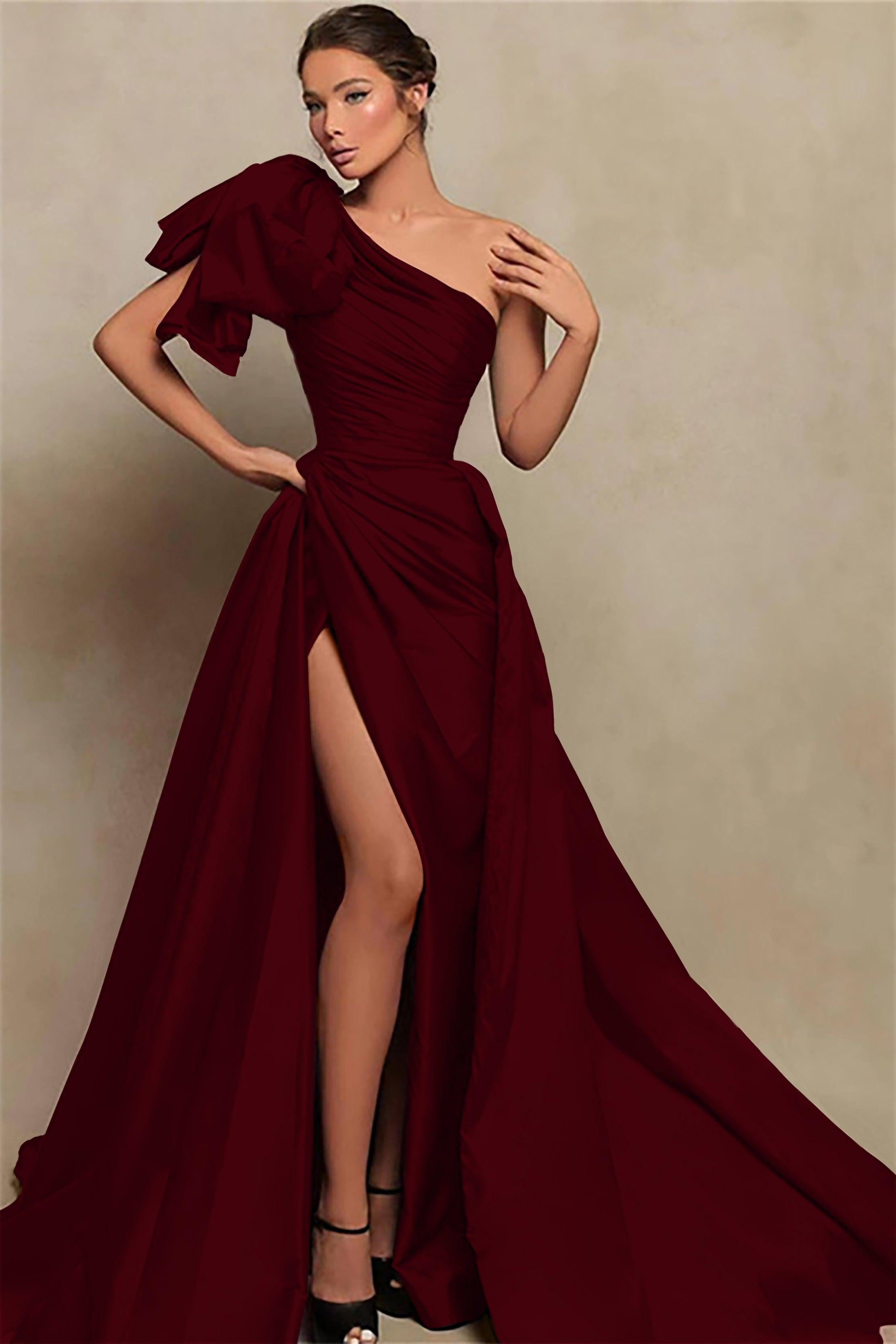 Burgundy Prom Dress One Shoulder Mermaid Evening Formal Dress With Split