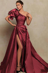 Burgundy Prom Dress One Shoulder Mermaid Evening Formal Dress With Split