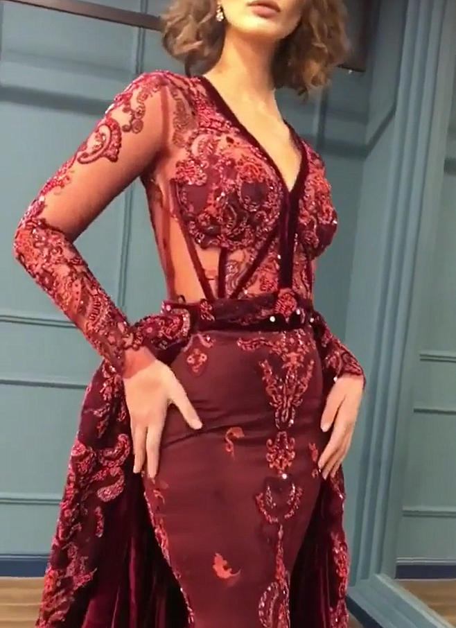 Burgundy Prom Dresses Sparkle Beads Appliques Evening Gowns with Sleeves BC0731