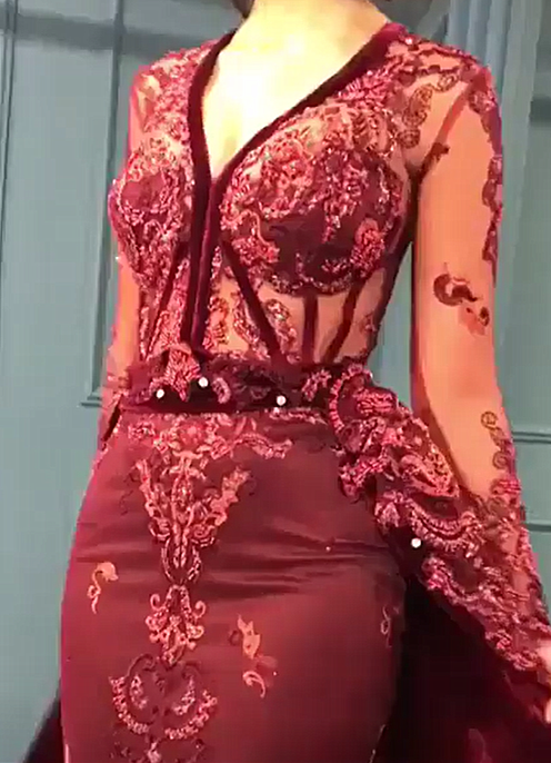 Burgundy Prom Dresses Sparkle Beads Appliques Evening Gowns with Sleeves BC0731