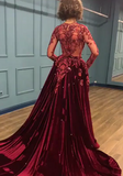 Burgundy Prom Dresses Sparkle Beads Appliques Evening Gowns with Sleeves BC0731