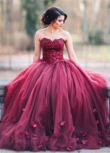 Burgundy Puffy Tulle 3D-Floral Evening Gowns Sweetheart Appliques Ball Gown Wedding Dress