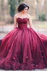Burgundy Puffy Tulle 3D-Floral Evening Gowns Sweetheart Appliques Ball Gown Wedding Dress