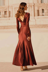 Suzhoufashion Burgundy Satin V-Neck Mermaid Long Sleeves Evening Dress With Ruffles