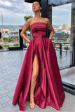 Burgundy Strapless A-Line Evening Gown | Sexy Side-Slit Sleeveless Prom Gown