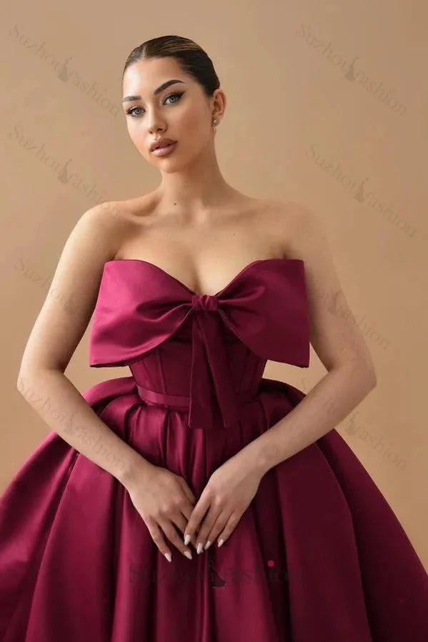 Burgundy Strapless Homecoming Dress A Line Satin Tea Length Formal Dresses