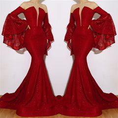 Burgundy Strapless Ruffles Evening Gowns | Luxurious Long-Sleeves Mermaid Prom Dresses