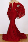 Burgundy Strapless Ruffles Evening Gowns | Luxurious Long-Sleeves Mermaid Prom Dresses