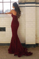 Burgundy Sweetheart Mermaid Evening Gown Sleeveless Newest Lace Prom Dress