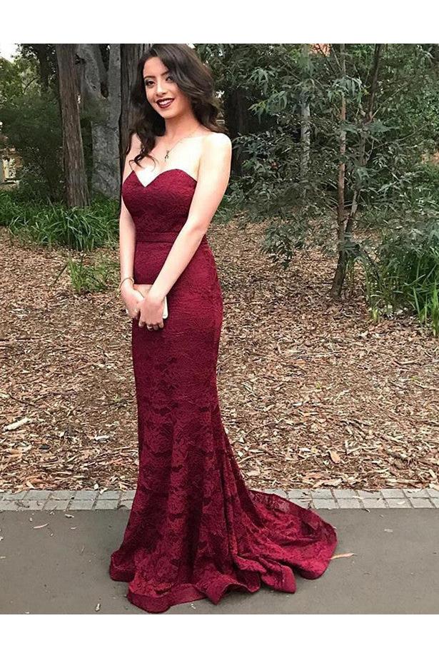 Burgundy Sweetheart Mermaid Evening Gown Sleeveless Newest Lace Prom Dress
