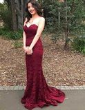 Burgundy Sweetheart Mermaid Evening Gown Sleeveless Newest Lace Prom Dress