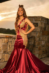 Burgundy V Neck Prom Dress Sleeveless Mermaid Appliqued Evening Formal Dress