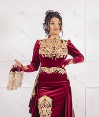 Burgundy Velvet Christmas Party Dress Lace Appliques Long Sleeve Formal Dress With Detachable Train