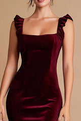 Burgundy Velvet Mermaid Midi Prom Dress With Ruffles