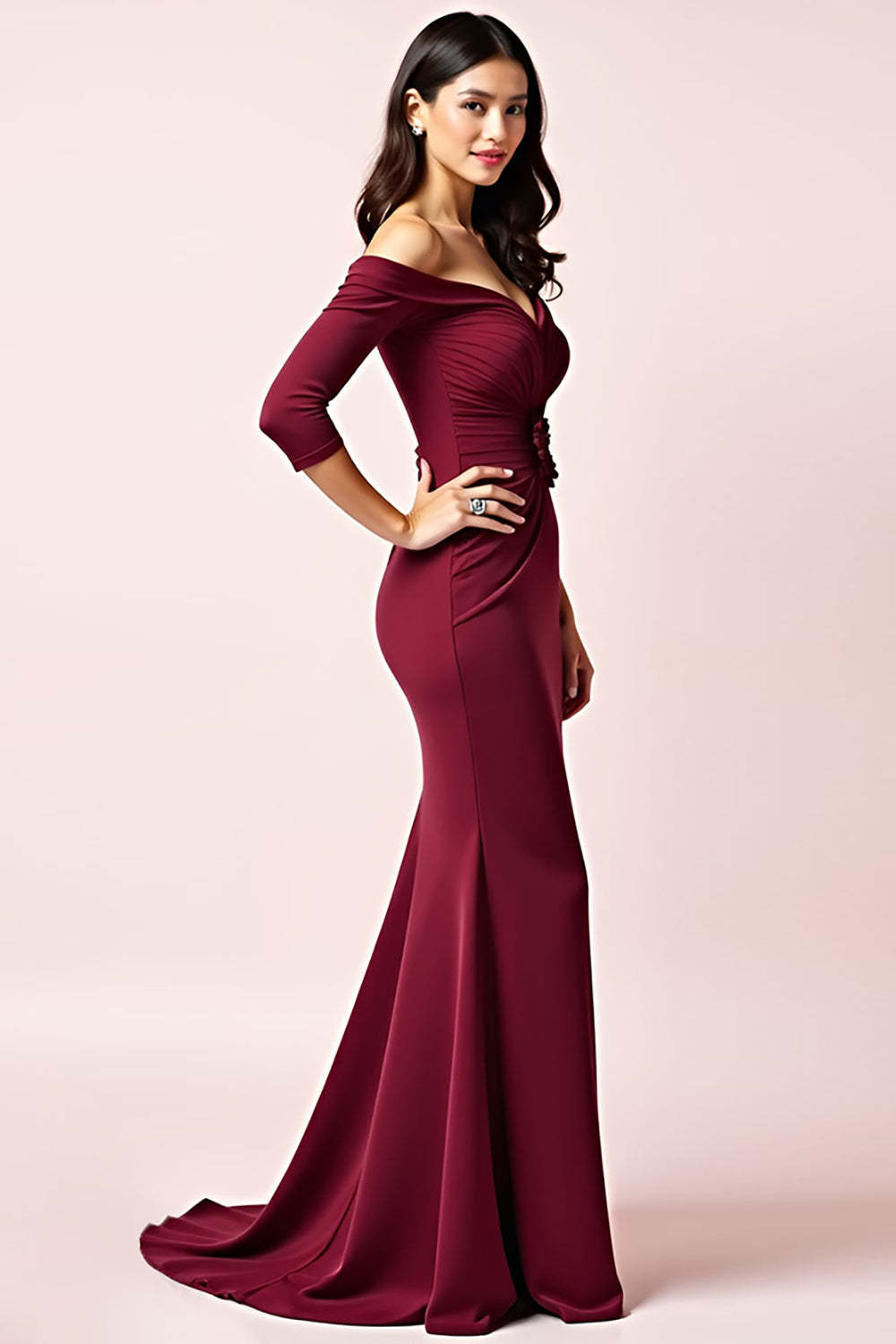 Suzhoufashion Burgundy Wedding Guest Dress Off The Shoulder Long Sleeves Ruched Formal Dress Suzhoufashion Burgundy Wedding Guest Dress Off The Shoulder Long Sleeves Ruched Formal Dress