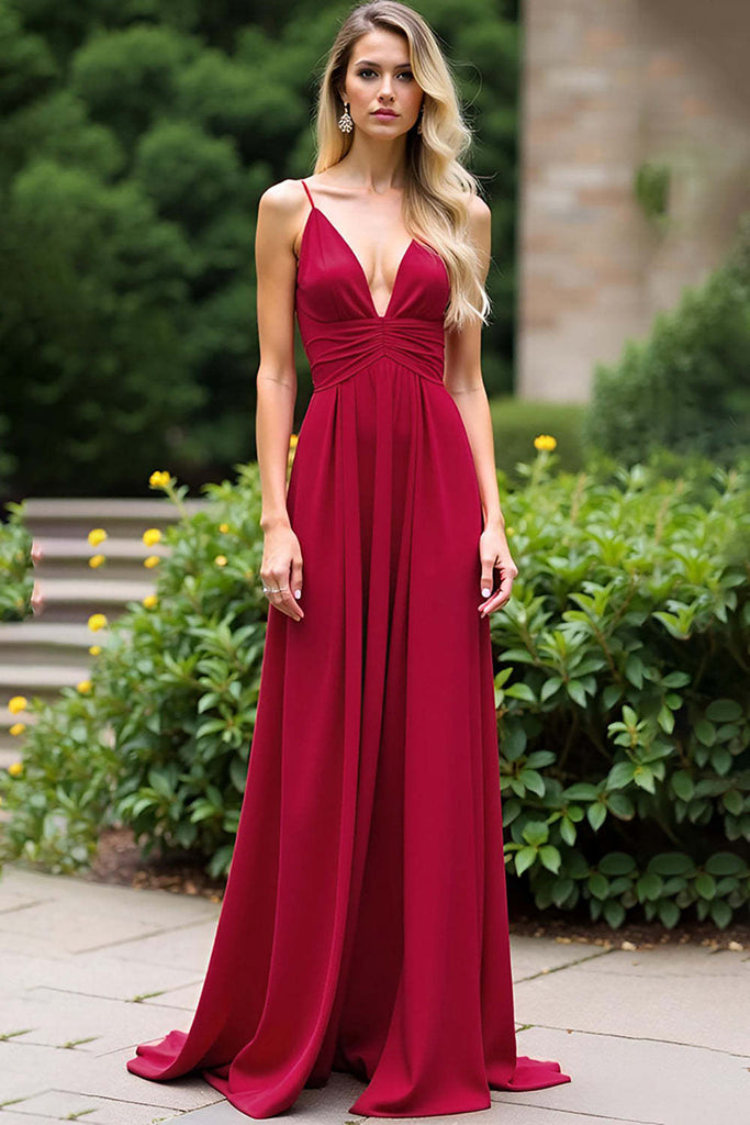 Zapaka Women Burgundy V Neck Bridesmaid Dress A Line Ruched Chiffon Backless Long Wedding Guest Dress, Burgundy / US2