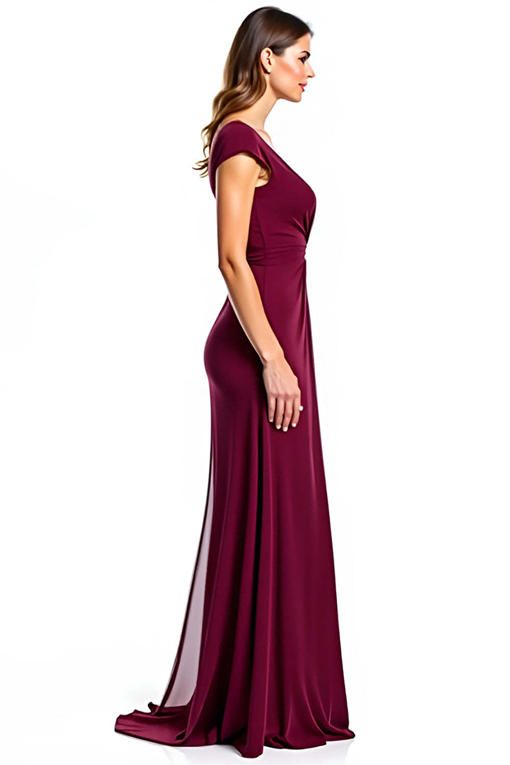 Burgundy Wedding Guest Dress V-Neck Ruched Long Formal Dress With Slit