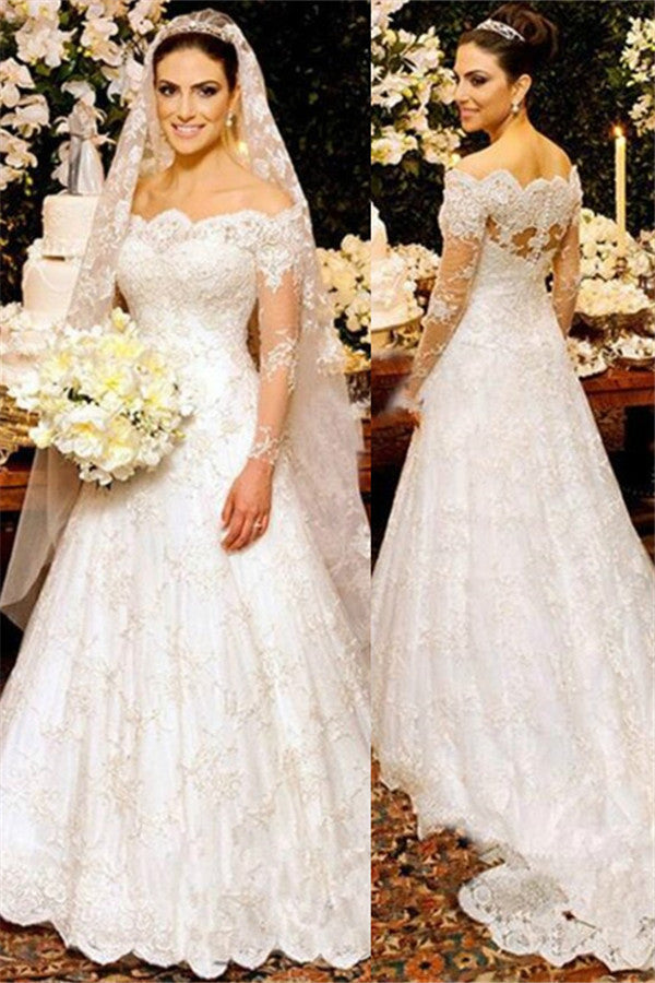 Button Zipper Lace Bride Dress Beautiful Long Sleeve Wedding Dress