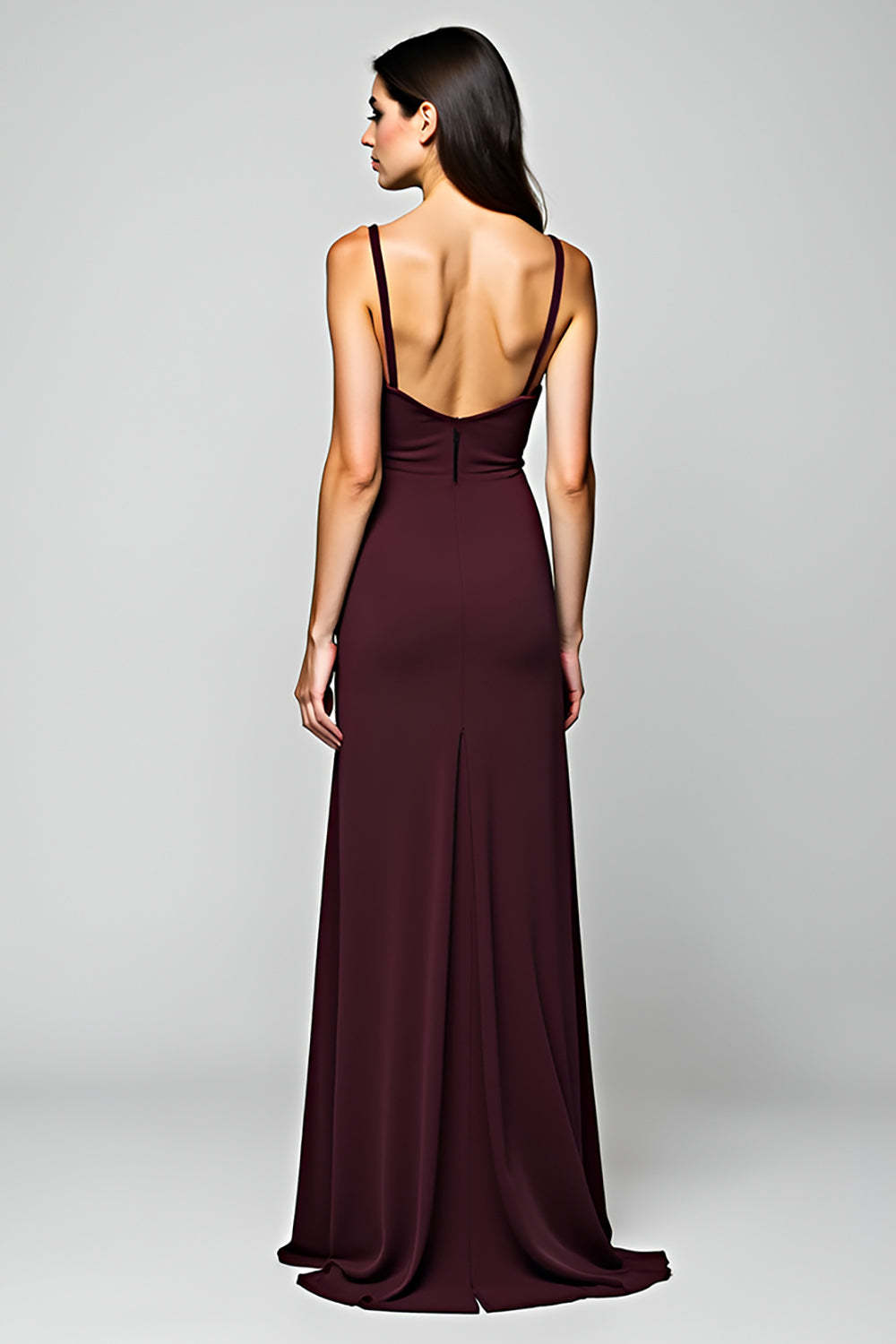 Cabernet Satin Backless Deep V-Neck Long Formal Dress