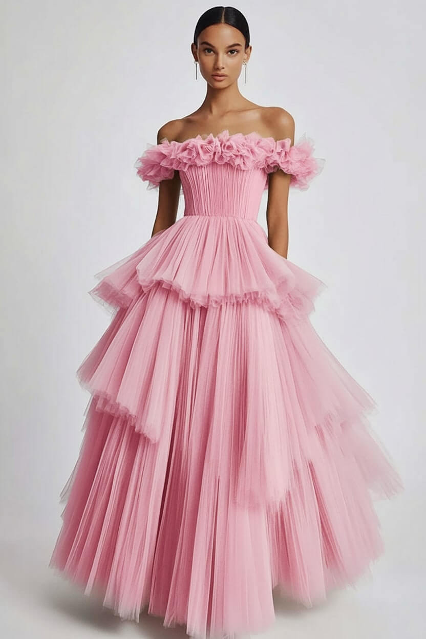 Dusty Sage Prom Dress Tulle Off The Shoulder Ball Gown Formal Dress With Ruffles
