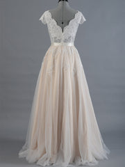 Cap Sleeve V-neck Lace Wedding Dresses Backless Bridal Gowns with Tulle Skirt