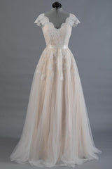 Cap Sleeve V-neck Lace Wedding Dresses Backless Bridal Gowns with Tulle Skirt