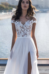 Cap Sleeves Appliques Beach Wedding Dress Long With Split