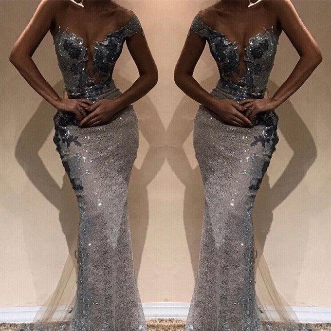 Cap Sleeves Floor Length Mermaid Prom Dresses | Gorgeous Sequins One-Shoulder V-Neck Dresses
